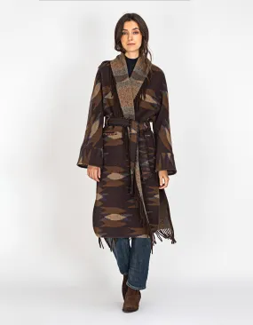 BAZAR DELUXE Ethno Brown // Woll-Mix Mantel mit Bindegürtel und Fransen