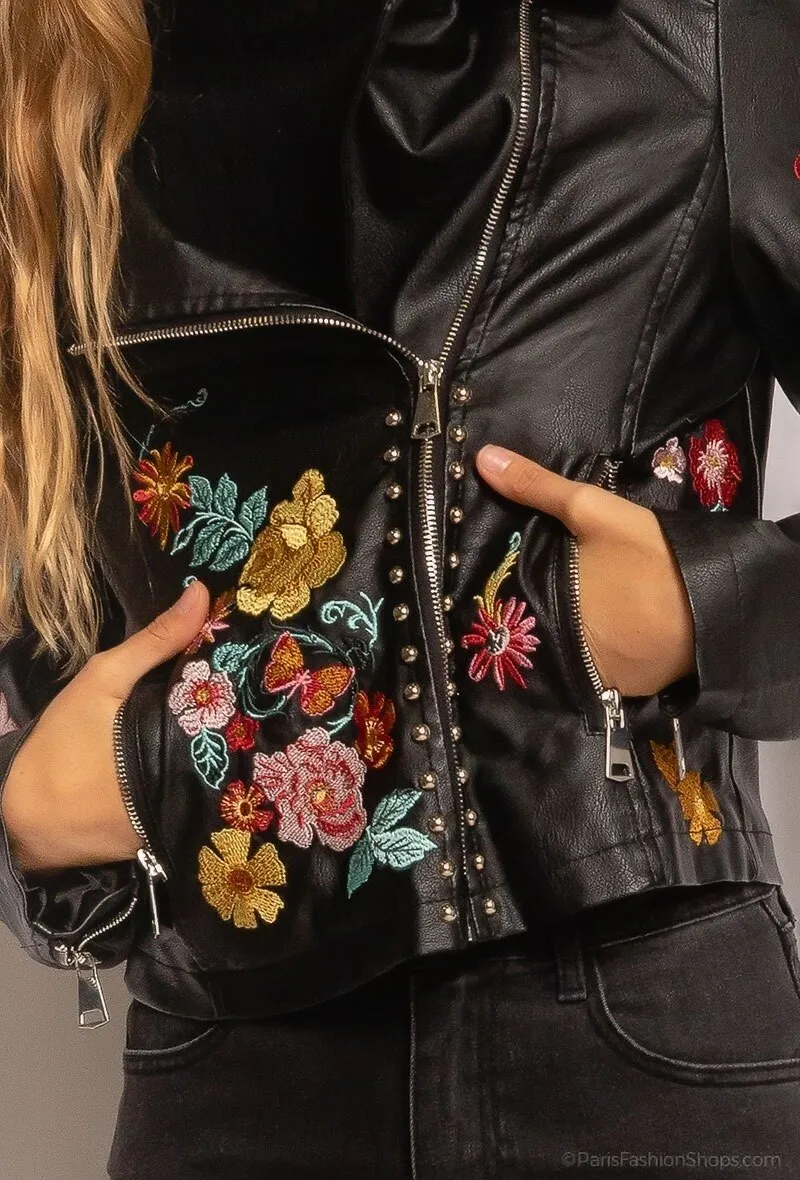 Faux leather biker jacket with flowers
