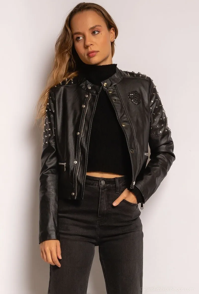 Faux leather biker jacket with studs