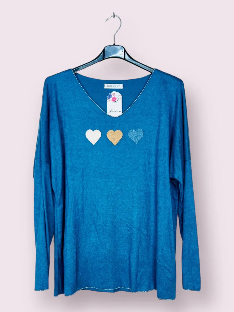 Pullover mit Herzmuster, langärmeliger V-Ausschnitt