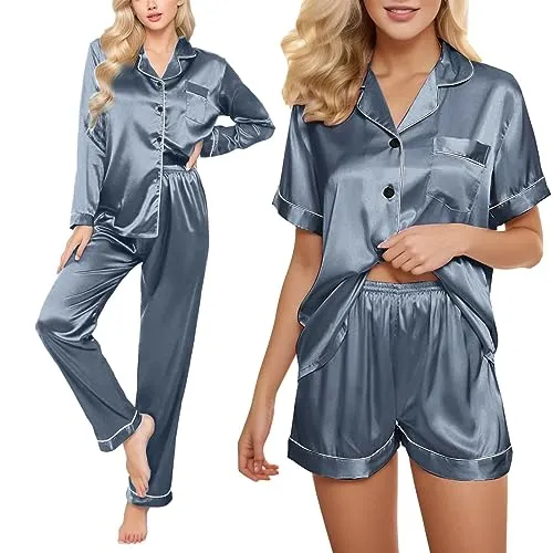Satin Pyjama Damen Kurz 4-teiliges Schlafanzug Kurzarm Nachtwäsche Cami and Shorts Set Frauen Pjs Sets Hausanzug Loungewear Schl